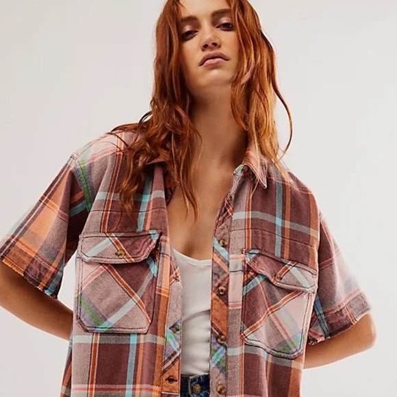 Free People We The Free Vintage Crush Plaid Shirt In Brown Combo Size XS NWT - Picture 3 of 14